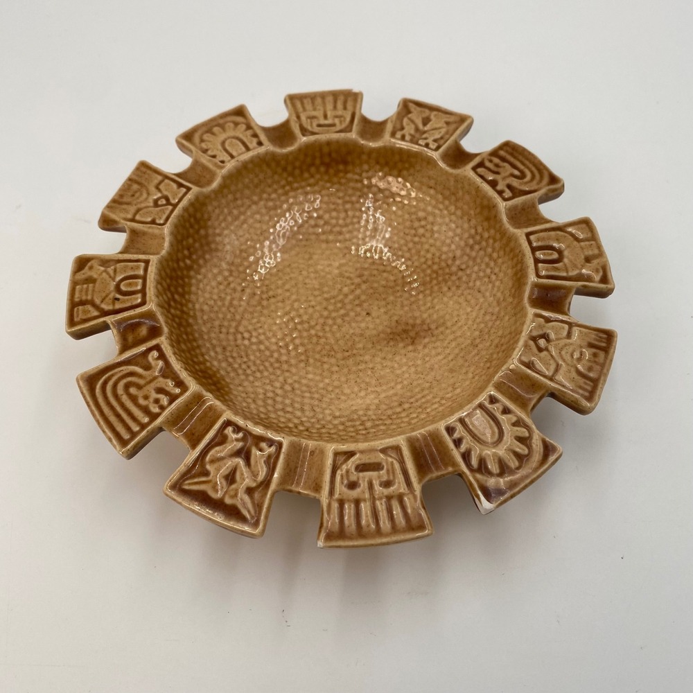 Vintage Mayan Aztec Style Ceramic Ashtray Speckled Tan Embossed‎ Glyphs 6.25"
